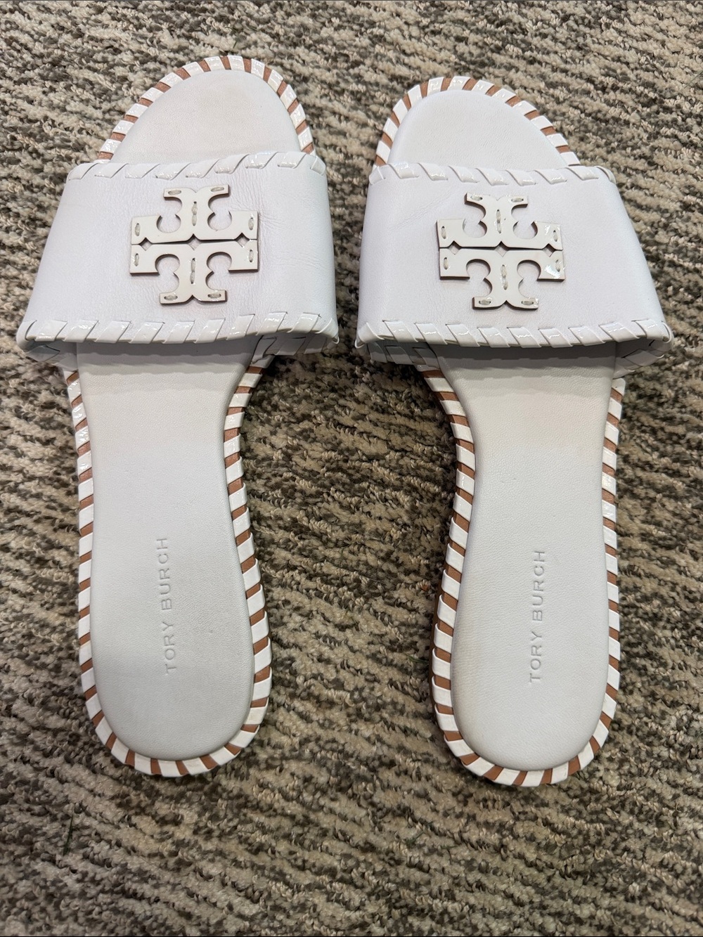 Tory Burch White Leather Logo Slide Sandals with Tan Trim